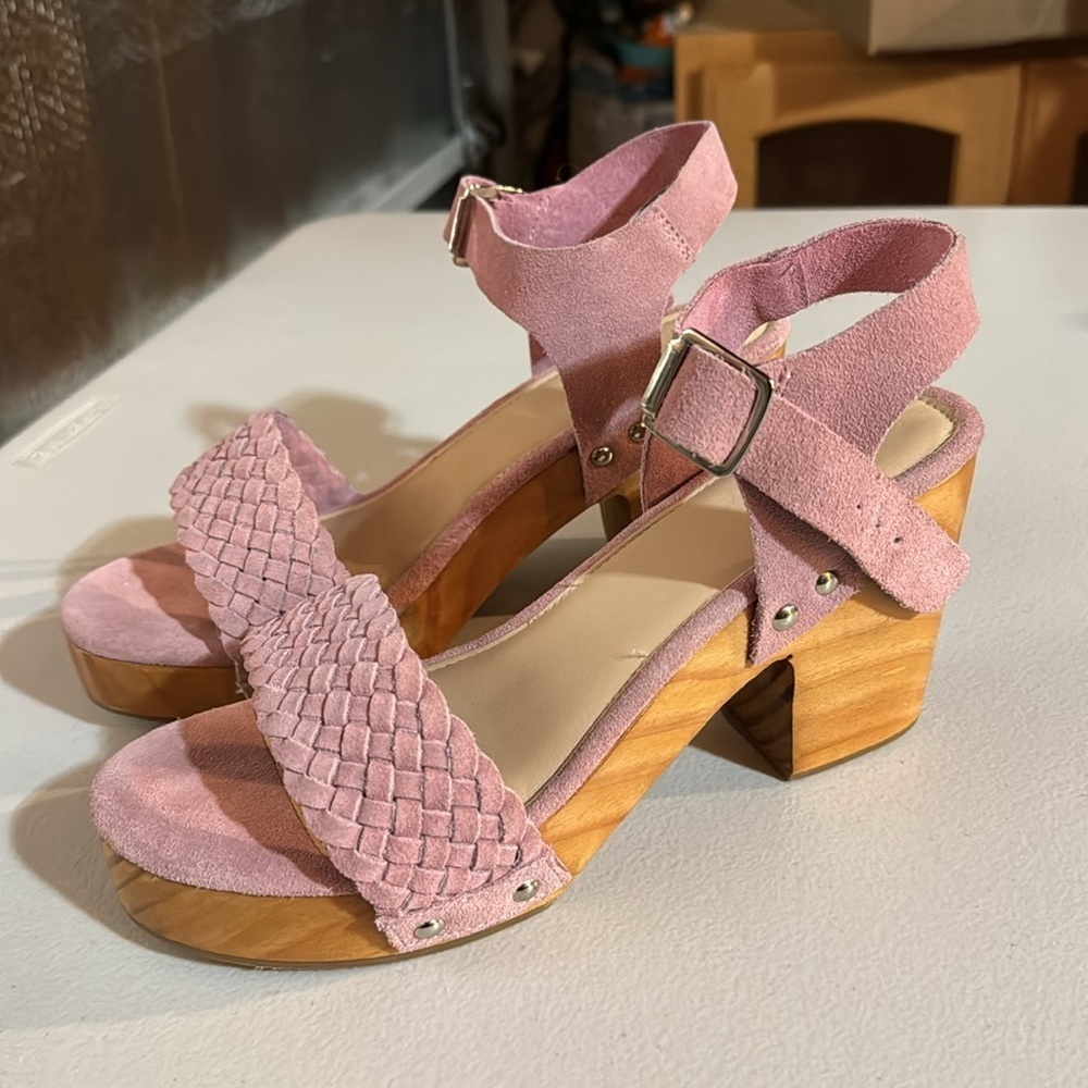 Rag & Co APRIL Light Pink Wooden Clogs In Suede Weave. Size 10 - Picture 2 of 11